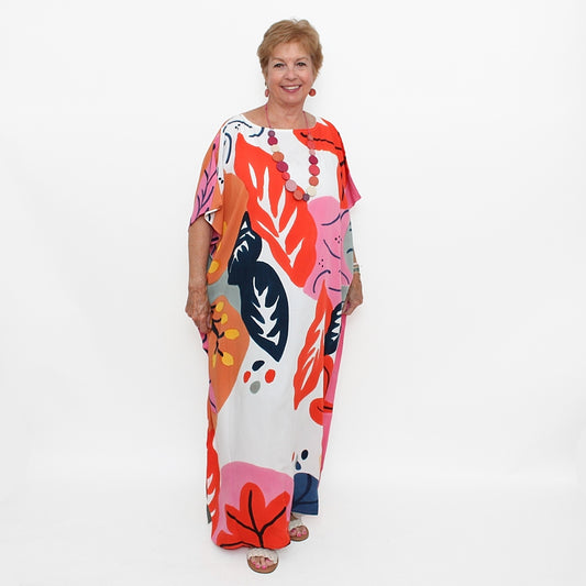 Coral and Blue Undersea Leaf Print Kaftan