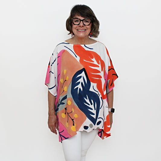 Coral and Blue Undersea Leaf Print Blouse - Sylca Designs - Chunky Jewelry