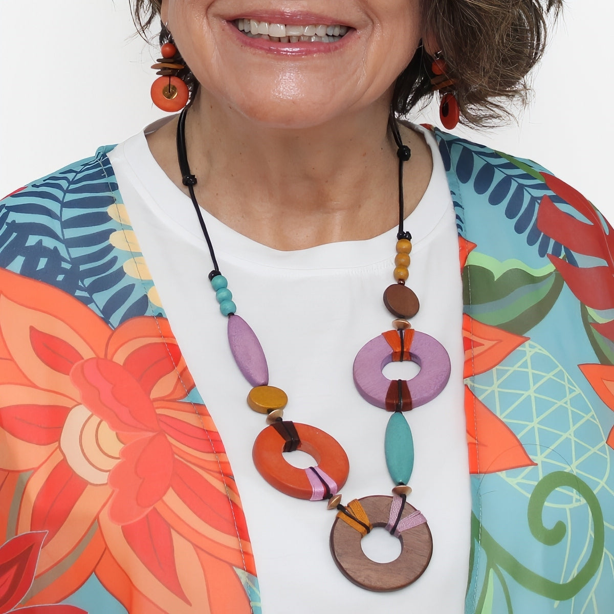 Saylor Multi-Color Wood Open Bead Necklace - Sylca Designs - Chunky Jewelry