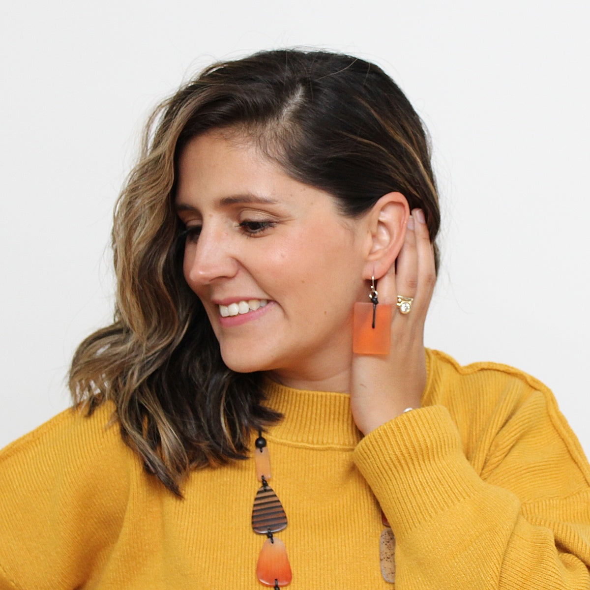 Orange Rectangle Dangle Earrings