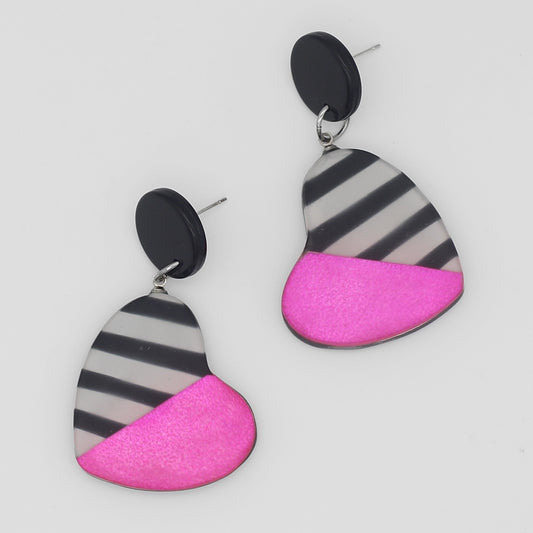 Fuchsia and Black Anastasia Heart Earrings - Sylca Designs - Chunky Jewelry