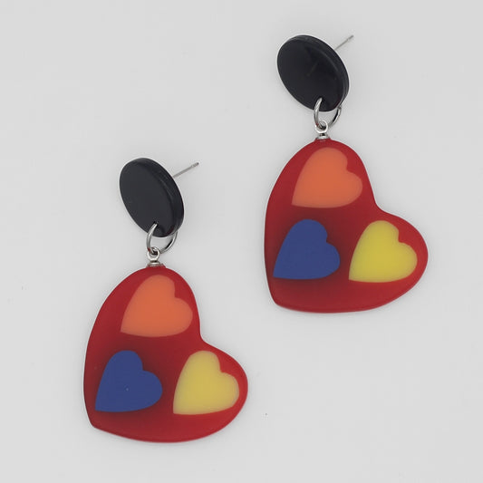 Red Multi-Color Fanciful Heart Earrings - Sylca Designs - Chunky Jewelry