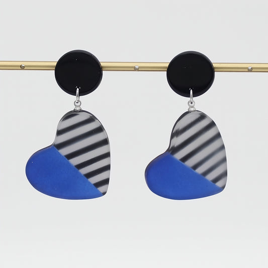 Blue Stripe Frosted Heartstrings Earring - Sylca Designs - Chunky Jewelry