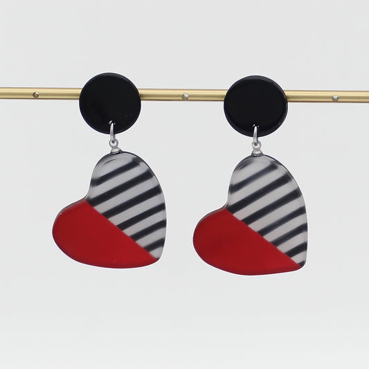Red Stripe Frosted Heartstrings Earring - Sylca Designs - Chunky Jewelry