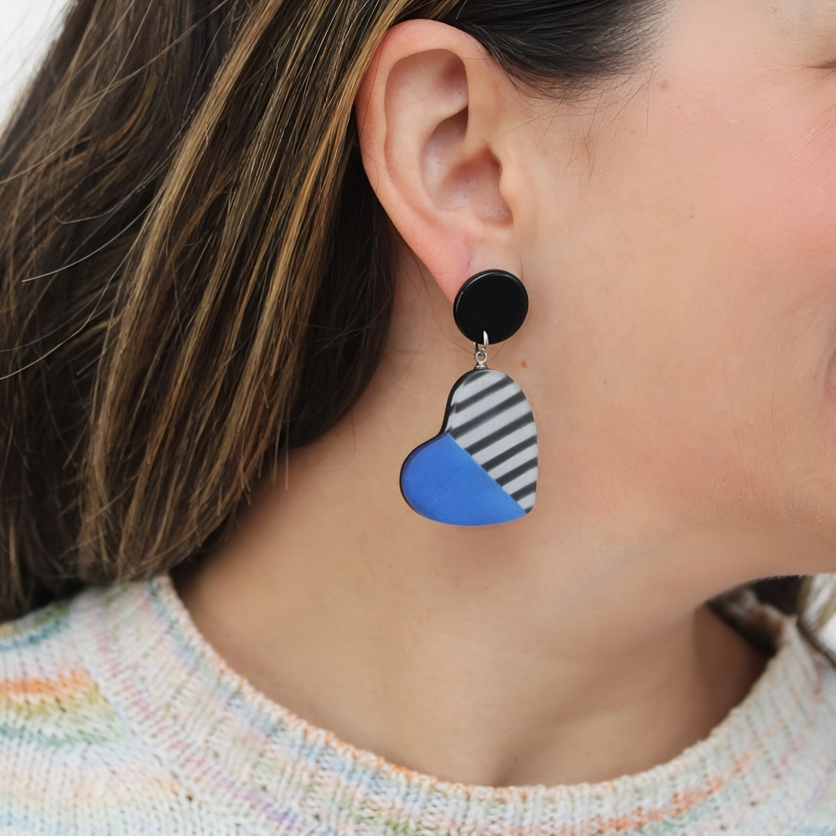 Blue Stripe Frosted Heartstrings Earring - Sylca Designs - Chunky Jewelry