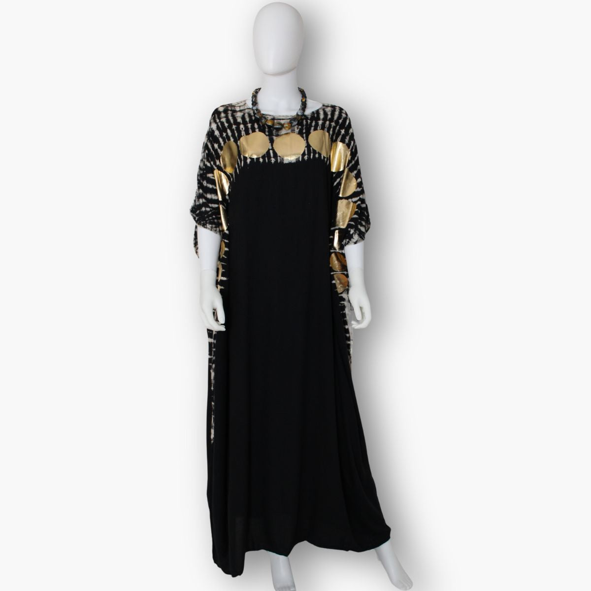 Black Caftan With Gold Polka Dot Accents Black Caftan With Gold Polka Dot Accents