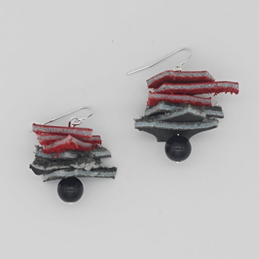 Red and Black Stacked Leather Statement Earrings - Sylca Designs - Chunky Jewelry