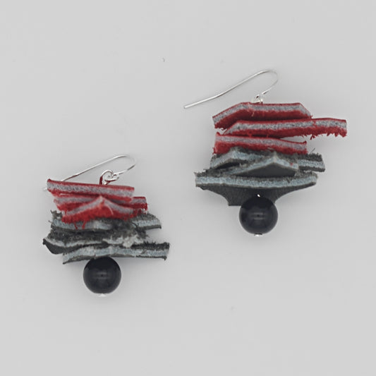 Red and Black Stacked Leather Statement Earrings