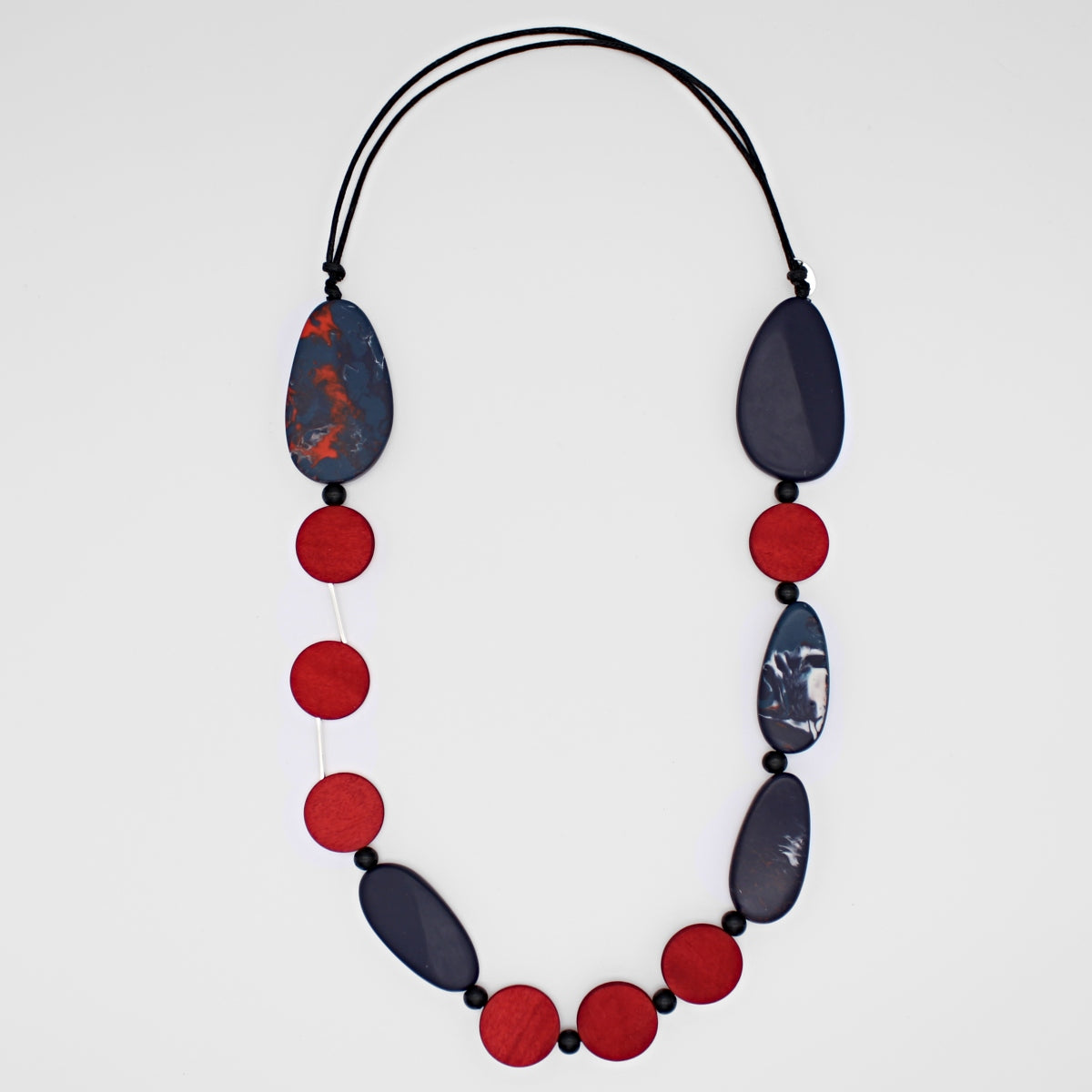 red and navy long necklace