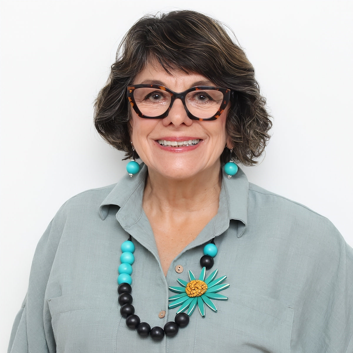 Chunky Teal Flower Statement Necklace - Sylca Designs - Chunky Jewelry