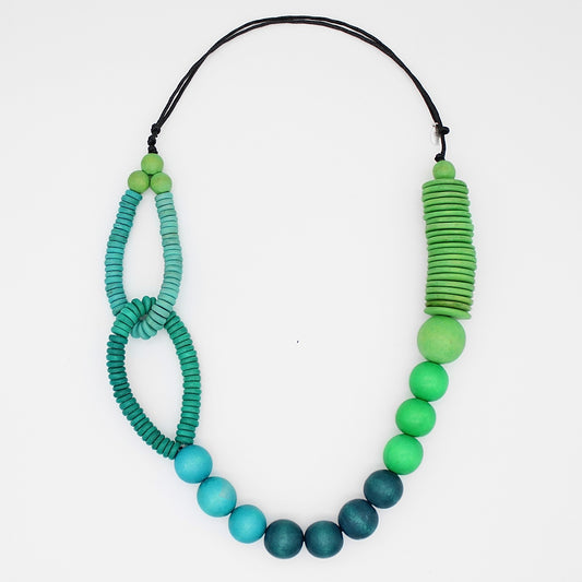 Blue and Green Wood Link Necklace