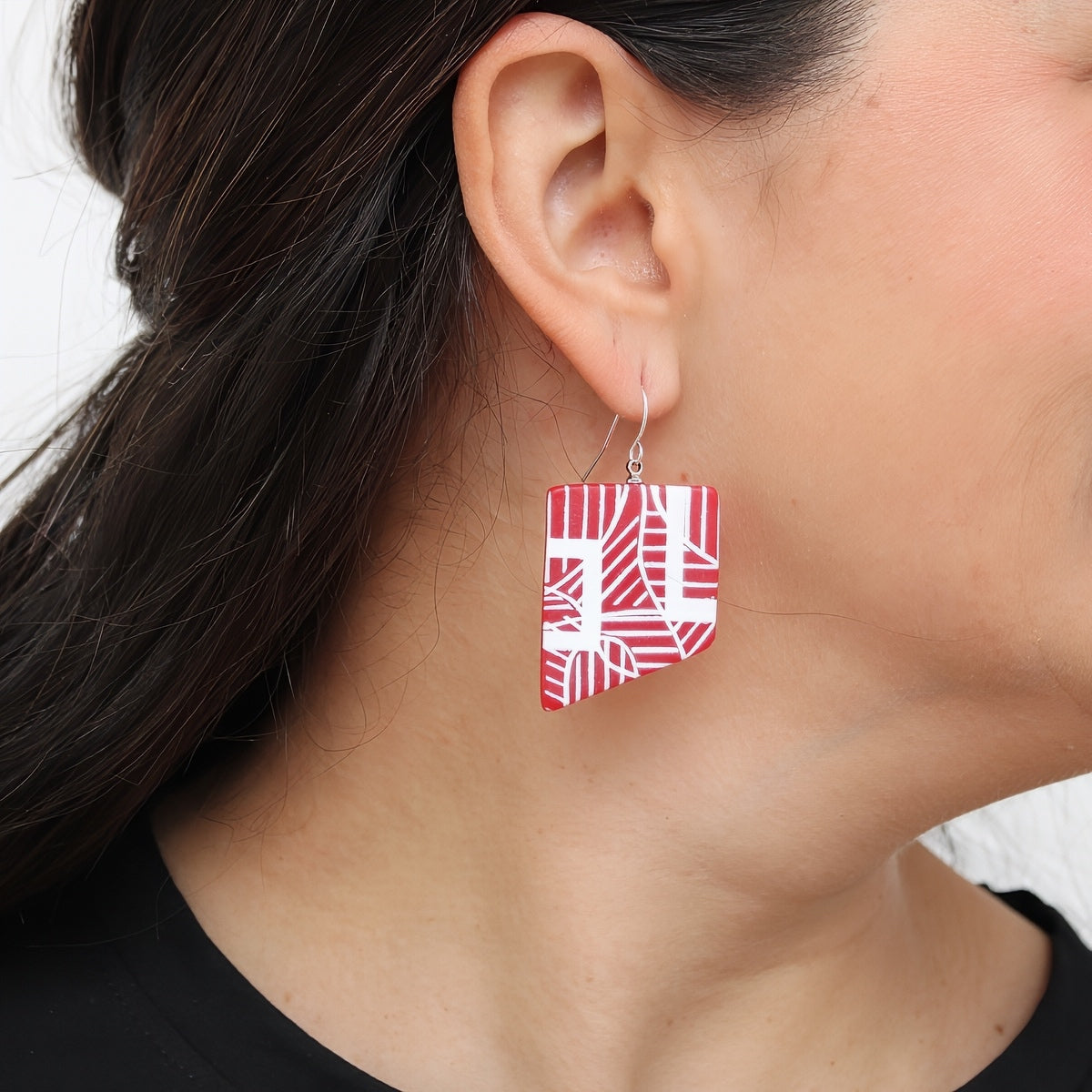 Reva Red and White Painted Grid Earrings - Sylca Designs - Chunky Jewelry