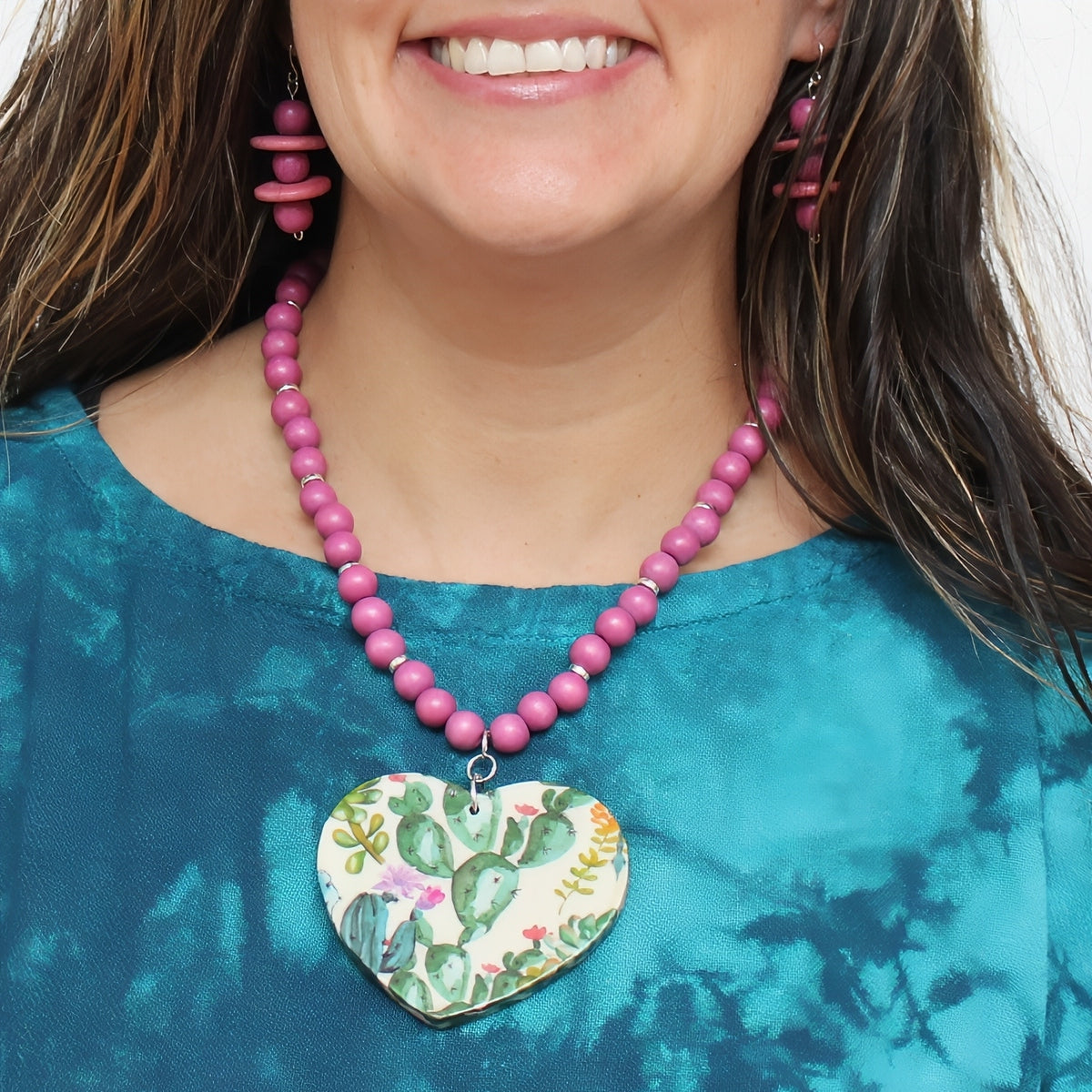 Cactus Decoupage Heart Necklace - Sylca Designs - Artsy Chunky Jewelry