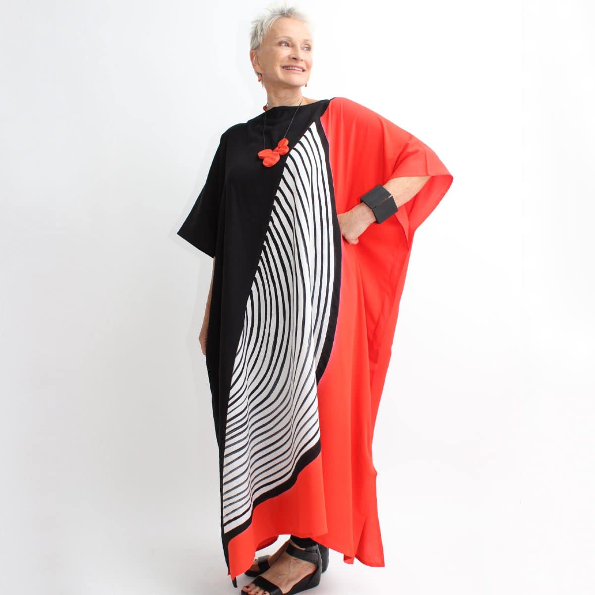 red, black, white half circle maxi dress caftan