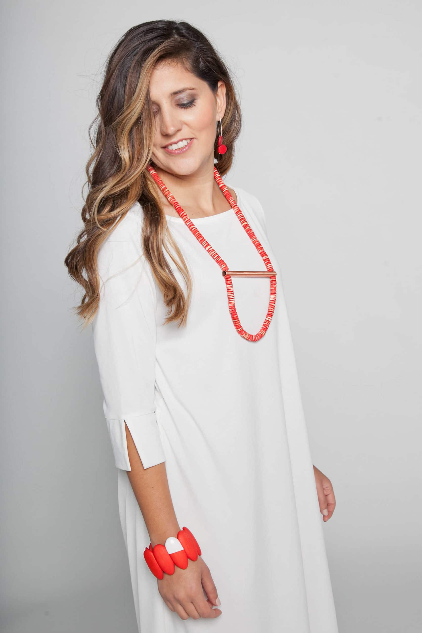 Red Beaded and Copper Bar Necklace - Sylca Designs - Chunky Jewelry