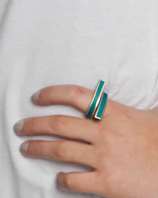 Turquoise Swirl Wooden Ring with Gold Trim - Sylca Designs - Chunky Jewelry