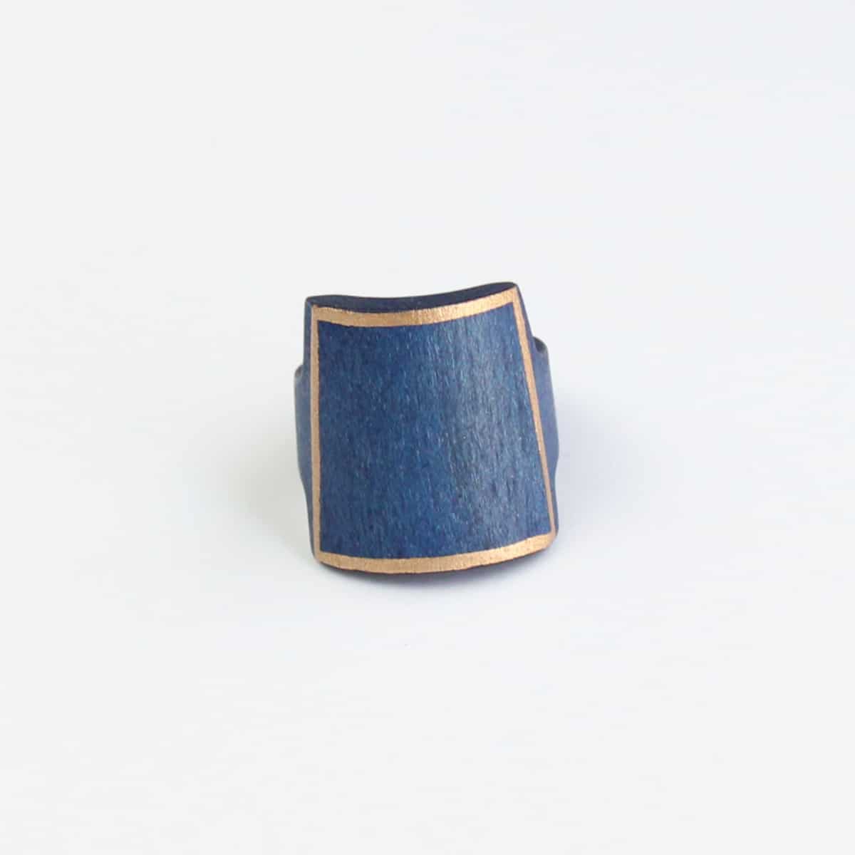 Blue Wooden Ring with Gold Trim - Sylca Designs - Chunky Jewelry