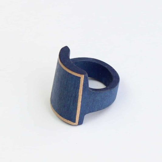 Blue Wooden Ring with Gold Trim - Sylca Designs - Chunky Jewelry