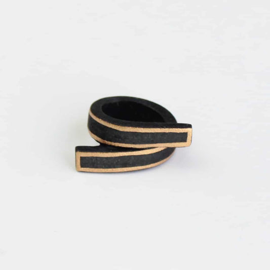 Black Swirl Wooden Ring with Gold Trim - Sylca Designs - Chunky Jewelry