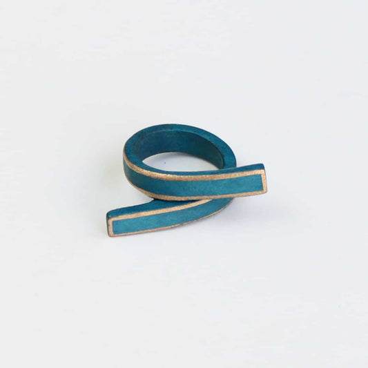 Turquoise Swirl Wooden Ring with Gold Trim - Sylca Designs - Chunky Jewelry