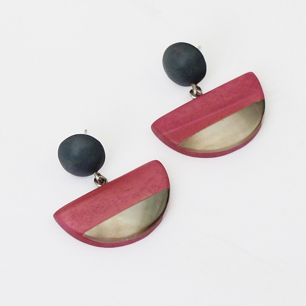 Pink Wood and Shell Half Moon Earrings