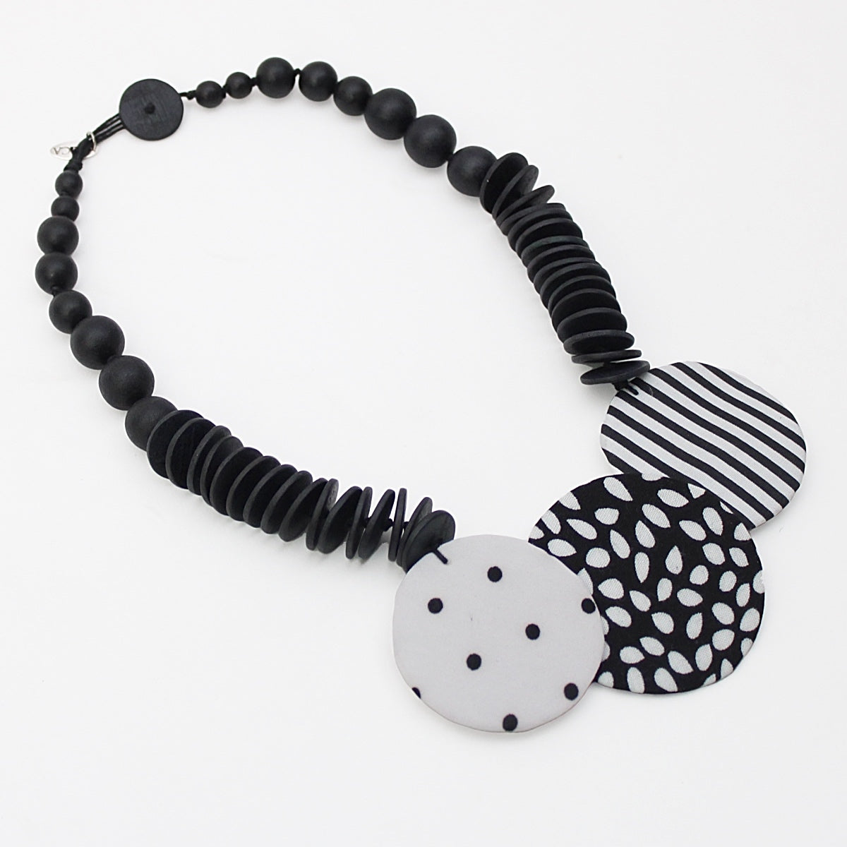 Black and White Fabric Disk Myra Pendant Necklace