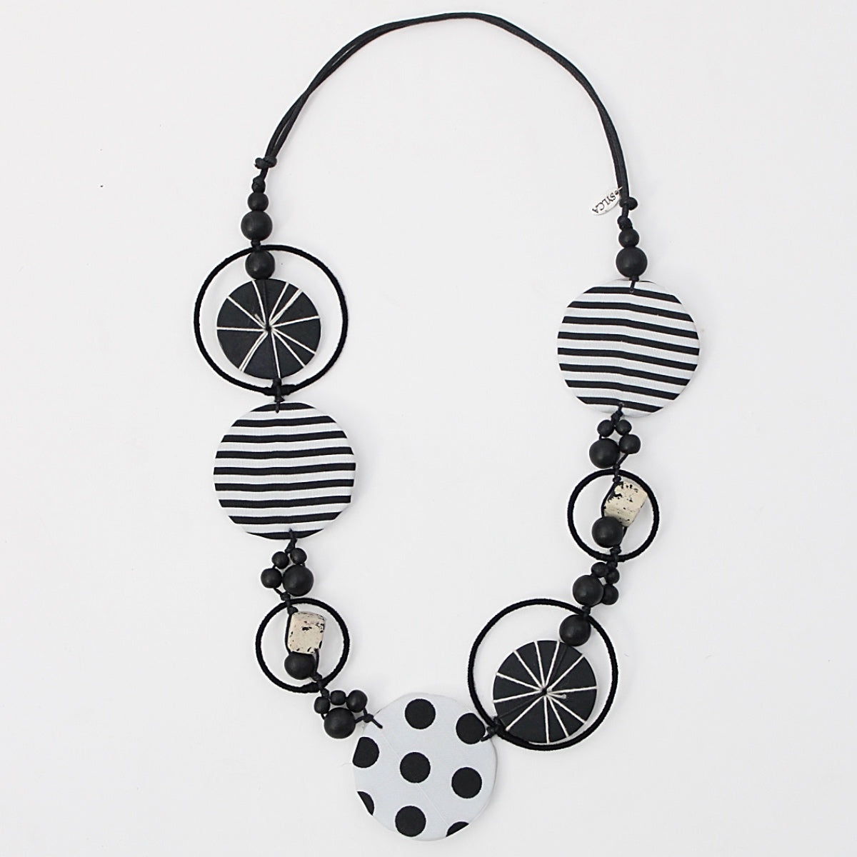 Black and White Fabric Disk Marina Necklace