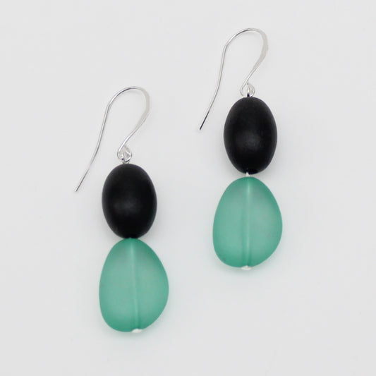Teal Double Bead Dangle Earrings - Sylca Designs - Chunky Jewelry