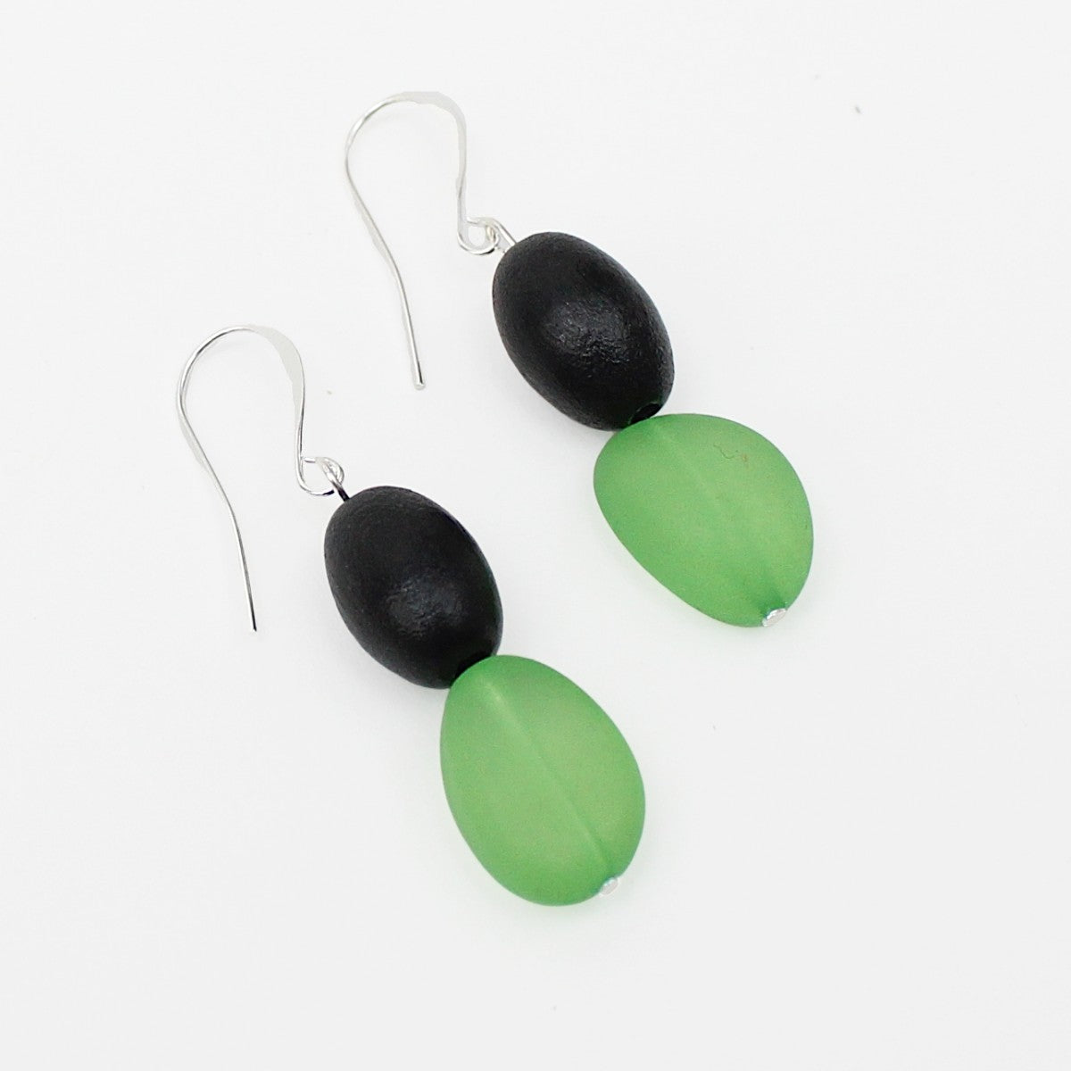 Green Double Bead Dangle Earrings - Sylca Designs - Chunky Jewelry