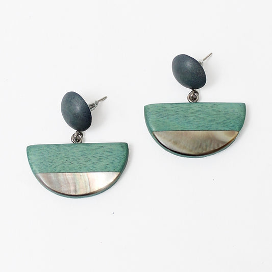 Aqua Wood and Shell Half Moon Earrings - Sylca Designs - Chunky Jewelry