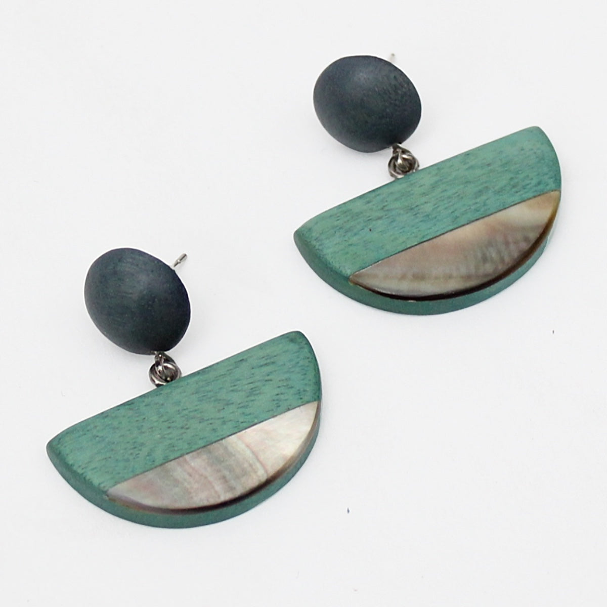 Aqua Wood and Shell Half Moon Earrings - Sylca Designs - Chunky Jewelry