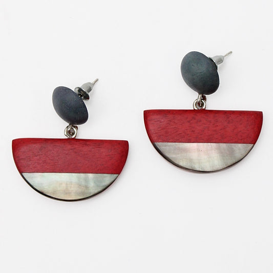 Red Wood and Shell Half Moon Earrings - Sylca Designs - Chunky Jewelry