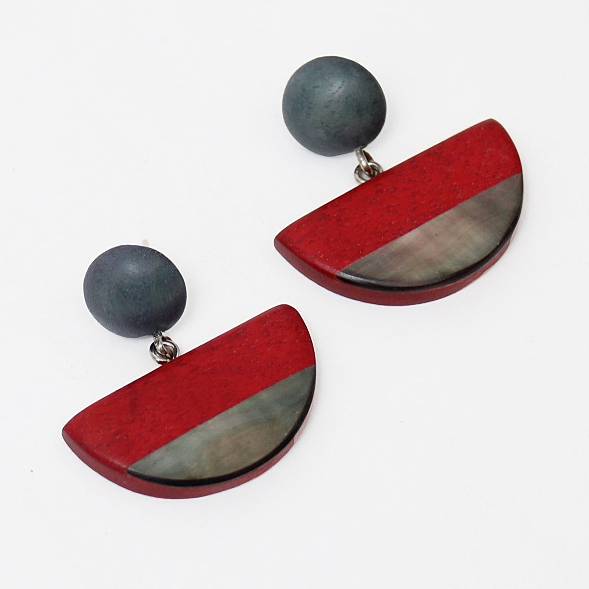 Red Wood and Shell Half Moon Earrings - Sylca Designs - Chunky Jewelry
