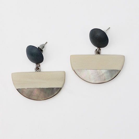 Ivory Wood and Shell Half Moon Earrings - Sylca Designs - Chunky Jewelry