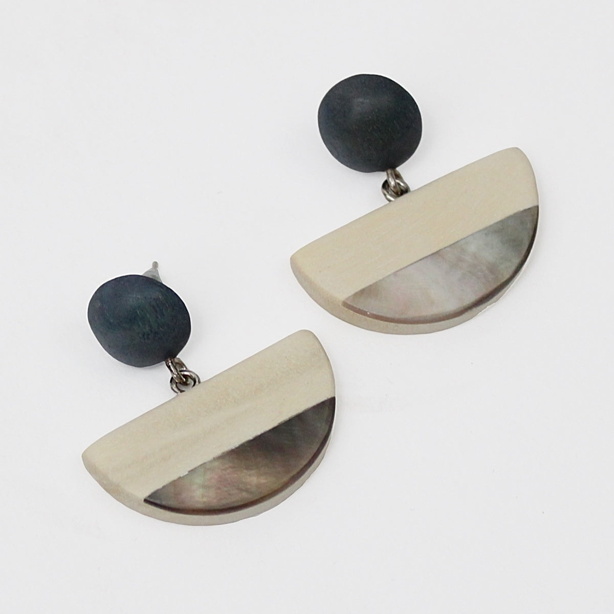 Ivory Wood and Shell Half Moon Earrings - Sylca Designs - Chunky Jewelry
