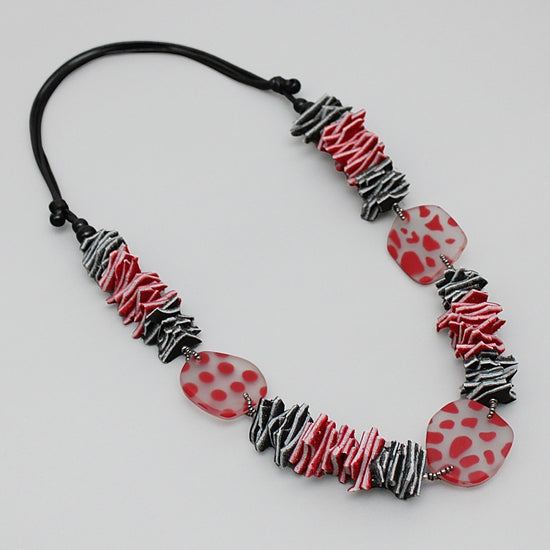 Black and Red Resin and Leather Valencia Necklace - Sylca Designs - Chunky Jewelry
