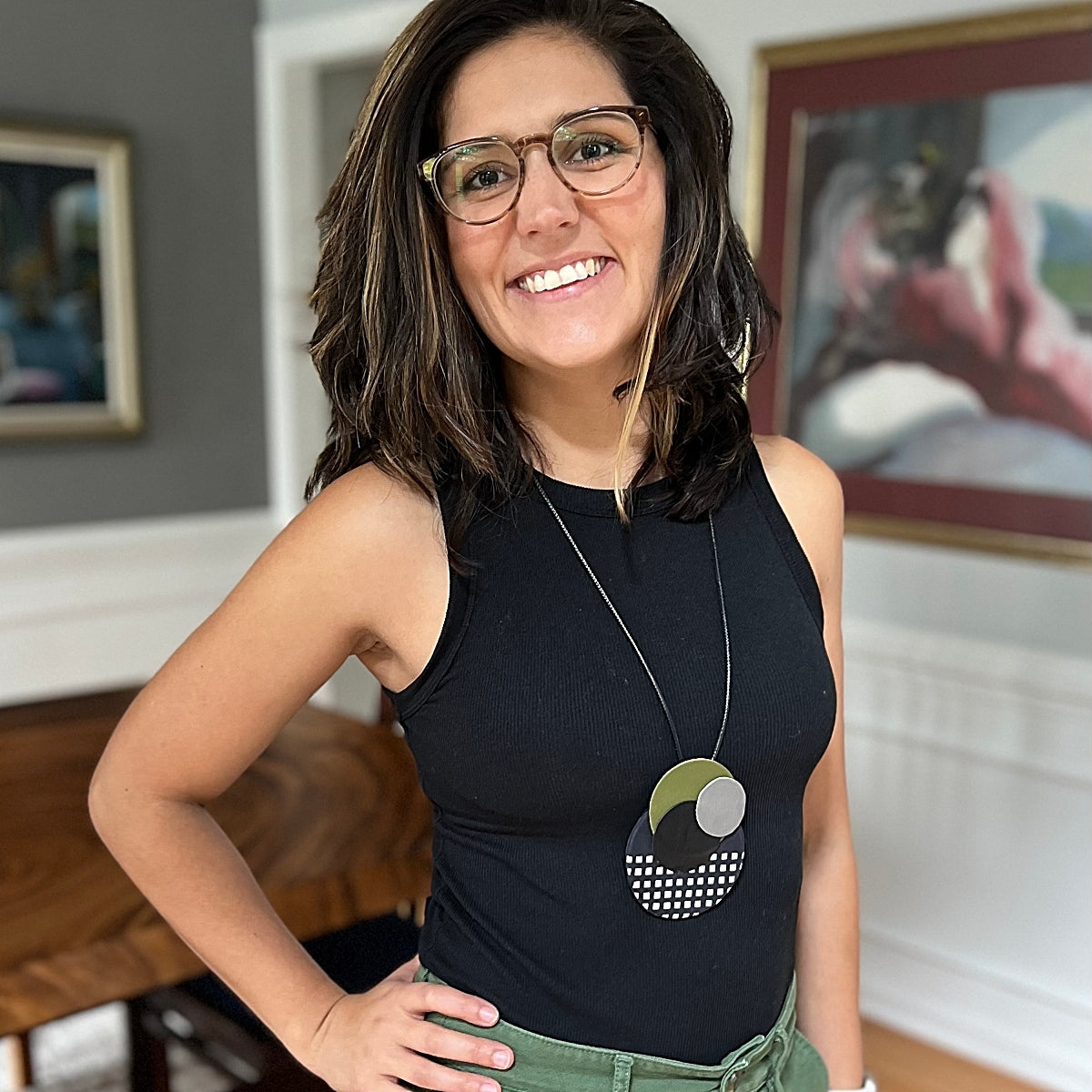 Harper Leather Circle Necklace Olive
