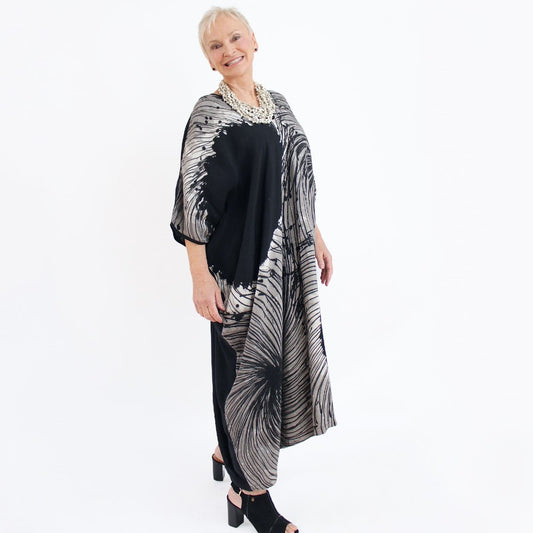 Paint-stroke Shibori turbulence Sky Caftan in Black and Tan - Sylca Designs - Chunky Jewelry