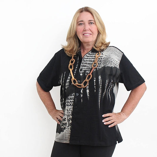 Magazine Print Button Down Shirt - Sylca Designs - Chunky Jewelry