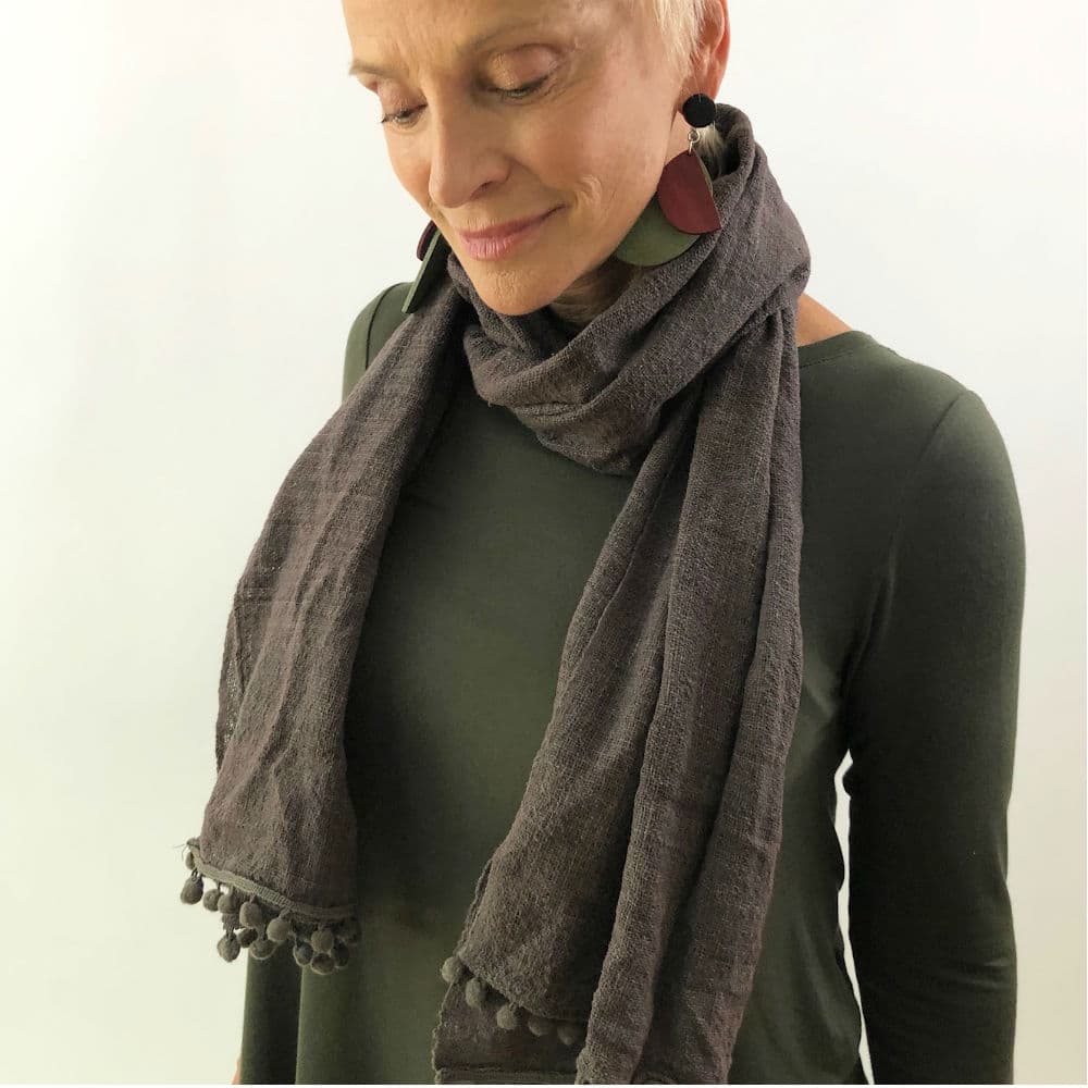 Dark Chocolate Organic Raw Cotton Pom Pom Scarf – Sylca Designs