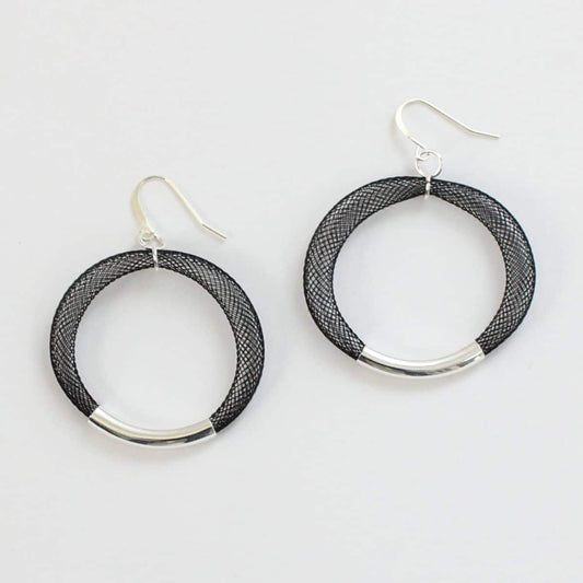 Black Mesh Hoop Earring Silver - Sylca Designs - Chunky Jewelry