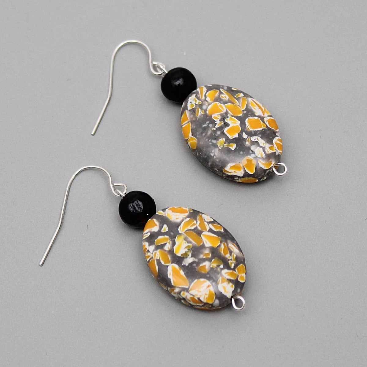 Gray and Yellow Granite Oval Earrings