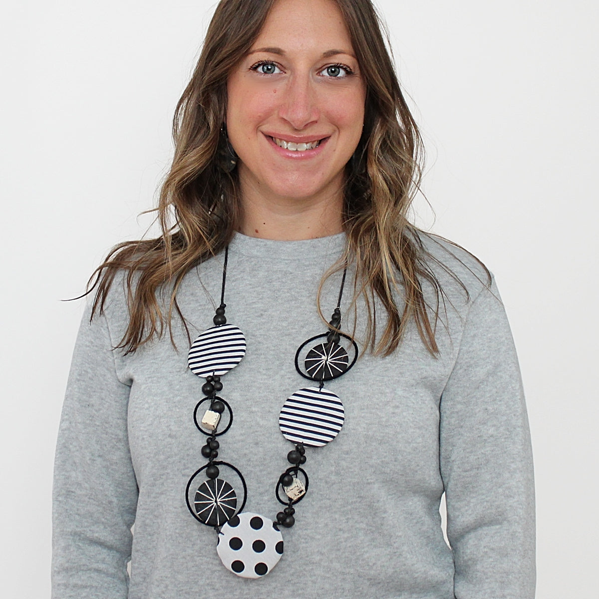 Black and White Fabric Disk Marina Necklace
