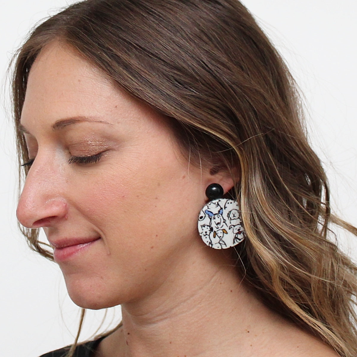 White Decoupage Dog Earrings