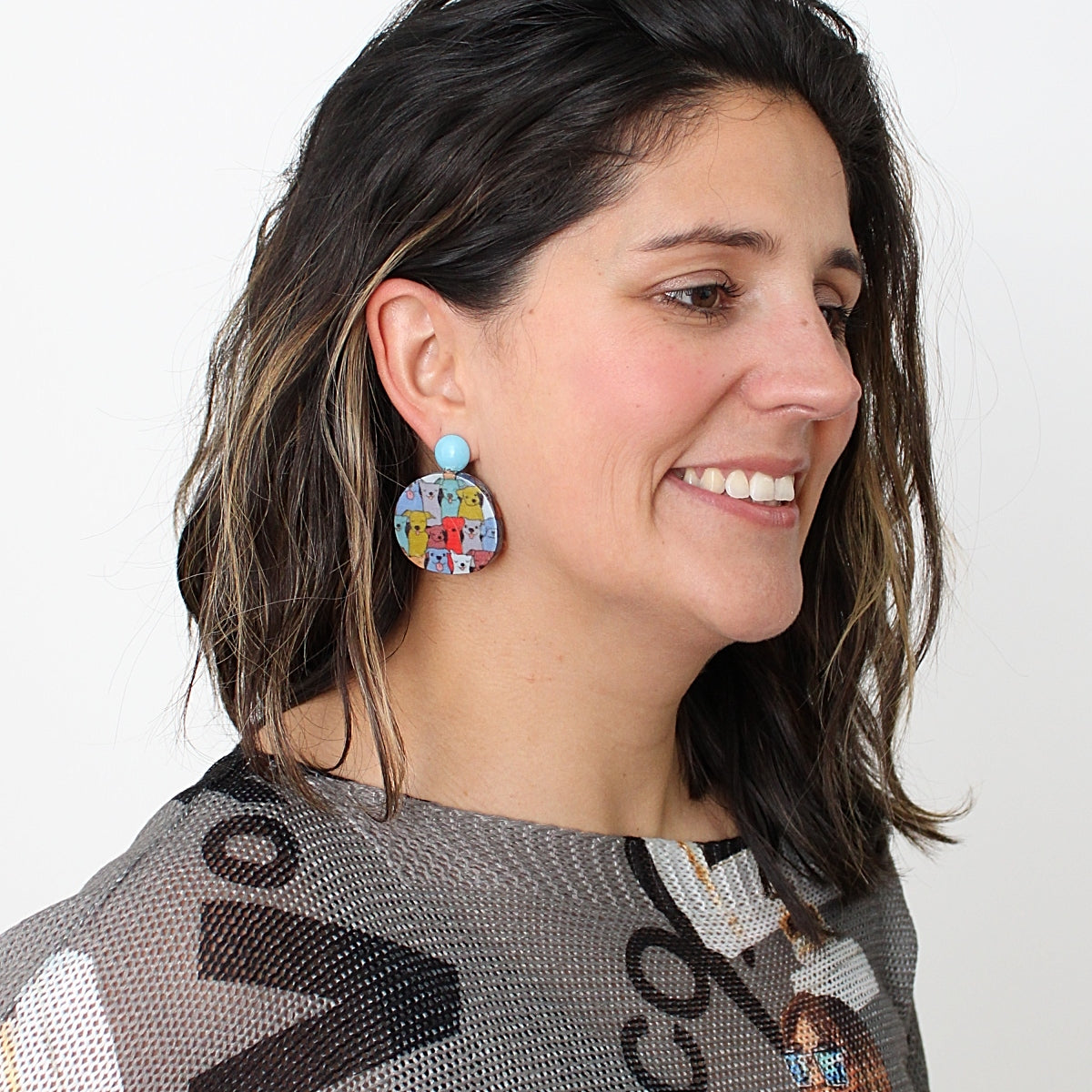 Multi Color Decoupage Dog Earrings