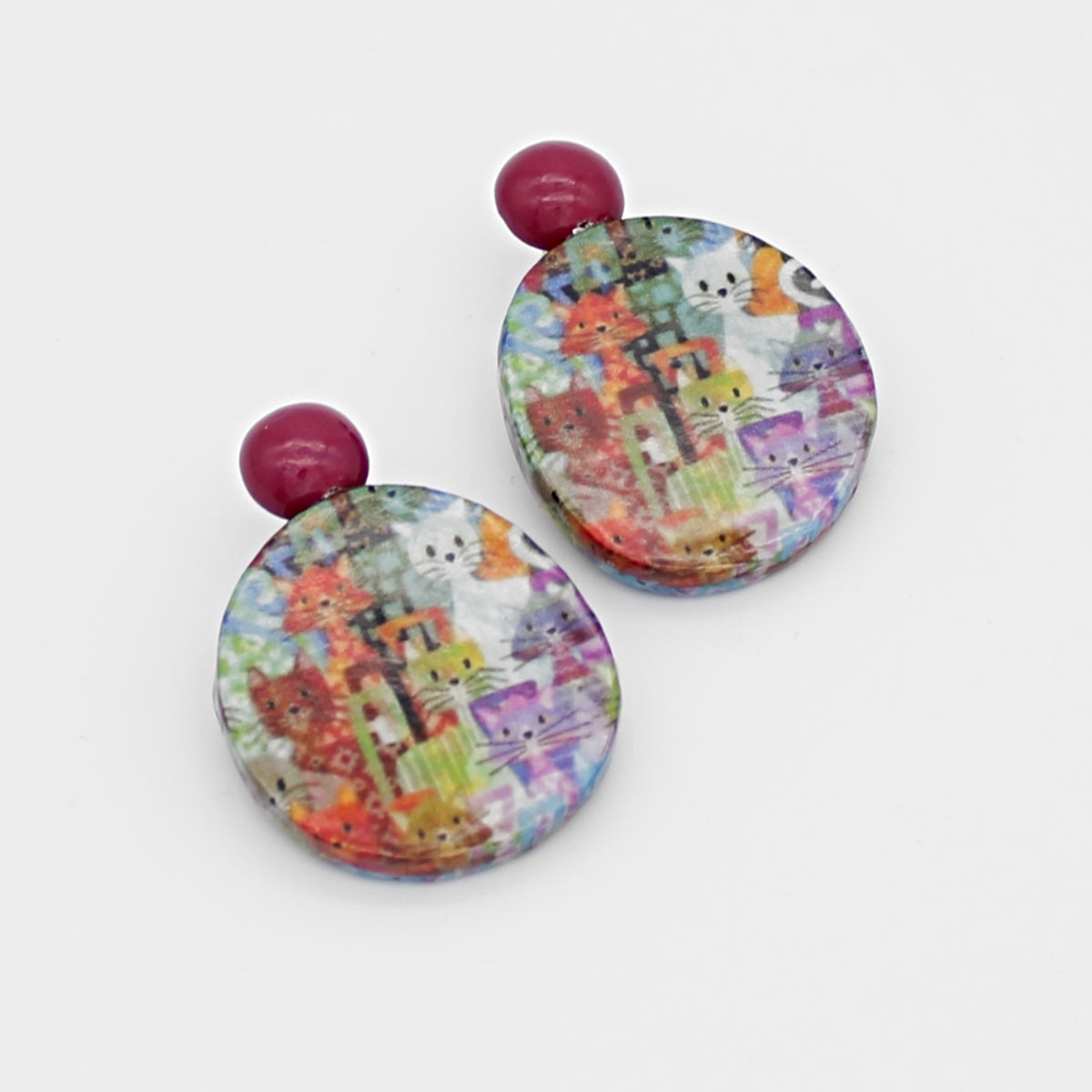 Multi Color Decoupage Cat Earrings
