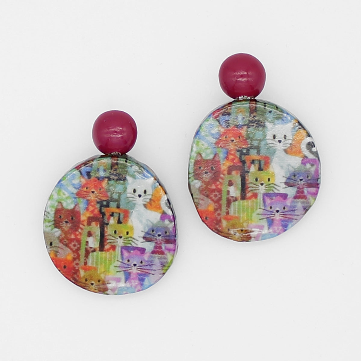 Multi Color Decoupage Cat Earrings