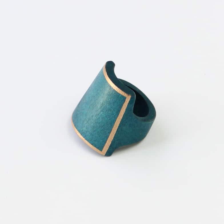 Turquoise Wooden Ring with Gold Trim - Sylca Designs - Chunky Jewelry