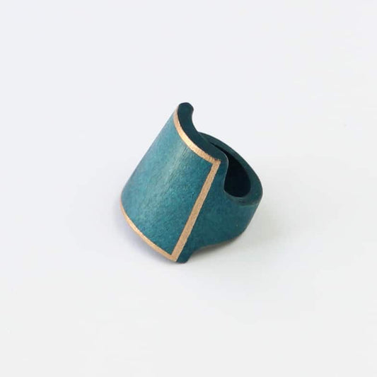 Turquoise Wooden Ring with Gold Trim - Sylca Designs - Chunky Jewelry