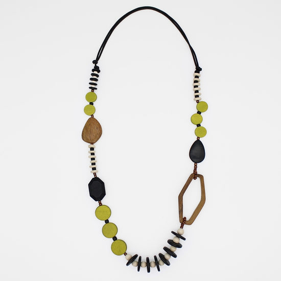 black white and lime long boho wooden necklace